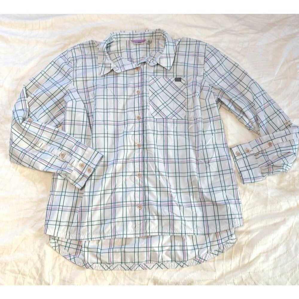 LL Bean SunSmart Woven Plaid Button Down Shirt Women's 1X UPF 50+ Purple Green